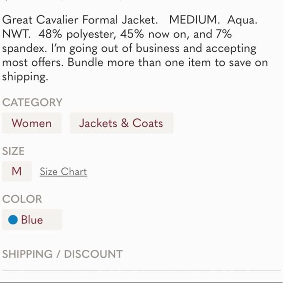 Great Cavalier Formal Jacket MEDIUM Aqua NWT - Picture 7 of 8